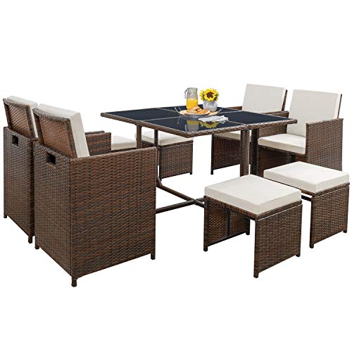 Tuoze 9 Pieces Furniture Dining Outdoor Sectional Rattan Patio Conversation Space Saving Cushioned Sets with Glass Table for Garden Poolside Balcony (Brown), Beige