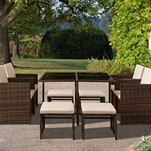 Tuoze 9 Pieces Furniture Dining Outdoor Sectional Rattan Patio Conversation Space Saving Cushioned Sets with Glass Table for Garden Poolside Balcony (Brown), Beige