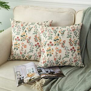KWOS Set of 2 Outdoor Waterproof Pillow Covers 18x18 Inch, Rustic Country Style Farmhouse Floral Pattern Decorative Cushion Covers for Patio Furniture Garden Outdoor Decor Rattan Chair Sofa, Beige