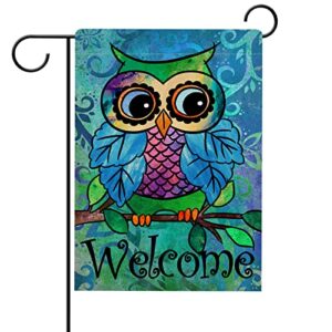 hzppyz welcome summer owl bird garden flag, blue abstract tree branch home decorative house yard outdoor decoration sign, spring farmhouse vintage outside decor small burlap flag double sided 12×18
