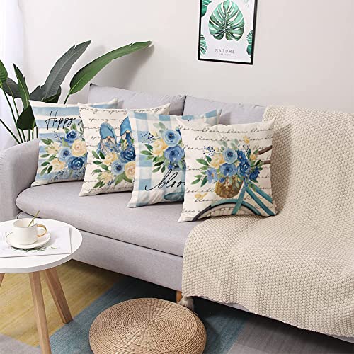 Fjfz Happy Spring Blue Flower Gnome Decorative Throw Pillow Cover 18 x 18 Set of 4, Floral Rose Buffalo Plaid Porch Patio Outdoor Home Decor, Bloom Stripes Bike Seasonal Farmhouse Couch Cushion Case