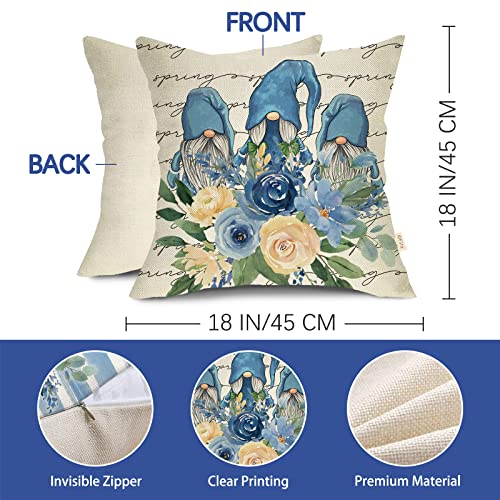 Fjfz Happy Spring Blue Flower Gnome Decorative Throw Pillow Cover 18 x 18 Set of 4, Floral Rose Buffalo Plaid Porch Patio Outdoor Home Decor, Bloom Stripes Bike Seasonal Farmhouse Couch Cushion Case