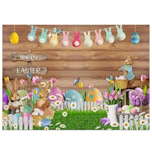 easter backdrop, happy easter rustic wooden wall photo backdrops for photography 7x5ft, easter theme bunny colorful eggs back drops background for pictures spring party decorations banner booth props