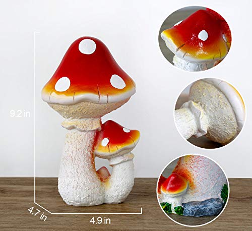 9 Inch Three-Headed Mushroom Garden Statue Perfect for Decoration for Garden, Outdoor, Patio (Red)