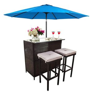 suncrown outdoor bar set 3-piece rattan wicker patio furniture, glass bar and two stools with cushions and 9 ft patio umbrella for patios, backyards, porches, gardens or poolside, sky blue
