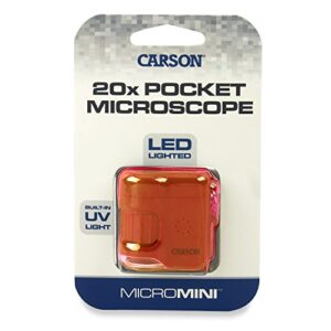 Carson MicroMini 20x LED Lighted Pocket Microscope with Built-In UV and LED Flashlight - Orange, Medium