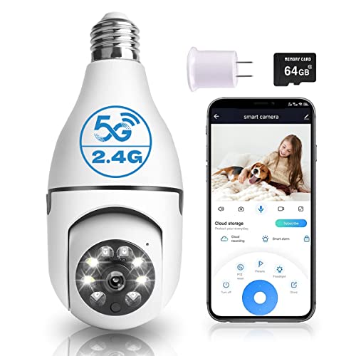 DUDUBOBBY Light Bulb Camera, 1080P Security Camera Home Wireless 5GHz＆2.4GHz WiFi Motion Auto Tracking 360 Degree Smart Surveillance Camera with Motion Detection Alarm Night Vision (64G SD Card)