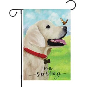 hello spring dog garden flag 12×18 double sided vertical, burlap small butterfly welcome garden yard house flags outside outdoor house spring summer decoration (only flag)