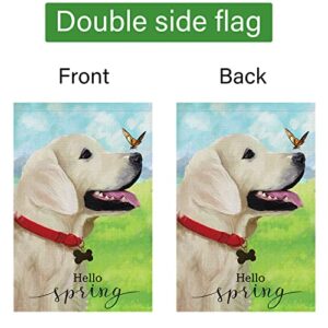 Hello Spring Dog Garden Flag 12x18 Double Sided Vertical, Burlap Small Butterfly Welcome Garden Yard House Flags Outside Outdoor House Spring Summer Decoration (ONLY FLAG)