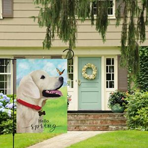 Hello Spring Dog Garden Flag 12x18 Double Sided Vertical, Burlap Small Butterfly Welcome Garden Yard House Flags Outside Outdoor House Spring Summer Decoration (ONLY FLAG)