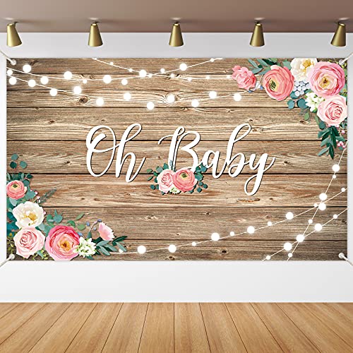 Rustic Wood Baby Shower Backdrop Banner Oh Baby Floral Baby Shower Decorations for Girls and Boys Wood Floor Flower Wall Newborn Birthday Party Photo Shoot Booth