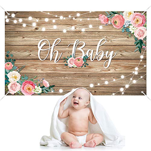 Rustic Wood Baby Shower Backdrop Banner Oh Baby Floral Baby Shower Decorations for Girls and Boys Wood Floor Flower Wall Newborn Birthday Party Photo Shoot Booth