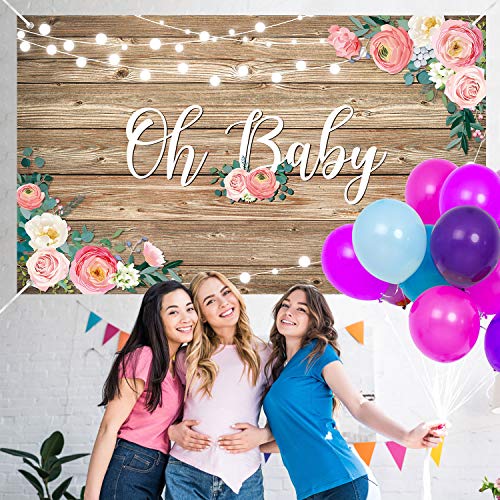 Rustic Wood Baby Shower Backdrop Banner Oh Baby Floral Baby Shower Decorations for Girls and Boys Wood Floor Flower Wall Newborn Birthday Party Photo Shoot Booth