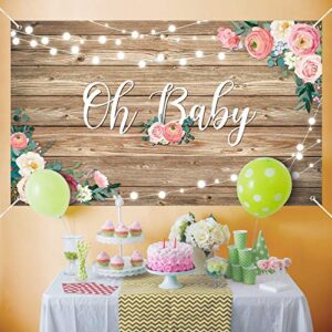 Rustic Wood Baby Shower Backdrop Banner Oh Baby Floral Baby Shower Decorations for Girls and Boys Wood Floor Flower Wall Newborn Birthday Party Photo Shoot Booth