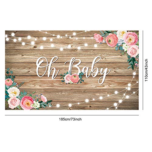 Rustic Wood Baby Shower Backdrop Banner Oh Baby Floral Baby Shower Decorations for Girls and Boys Wood Floor Flower Wall Newborn Birthday Party Photo Shoot Booth