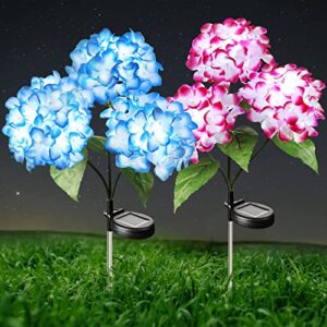 Solar Flower Lights-2 Pack Waterproof Solar Garden Flower Lights with Solar Hydrangea Stake, Solar Decorative Lights for Patio, Courtyard, Garden Lawn (Blue & Rose Red)