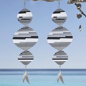 wind spinners, 2× 3d helix stainless steel outdoor hanging wind spinner, 2× leaf-like metal pendant and 3× 360° rotating hooks with wirerope, reflective decor for outside yard and garden (2 pack)