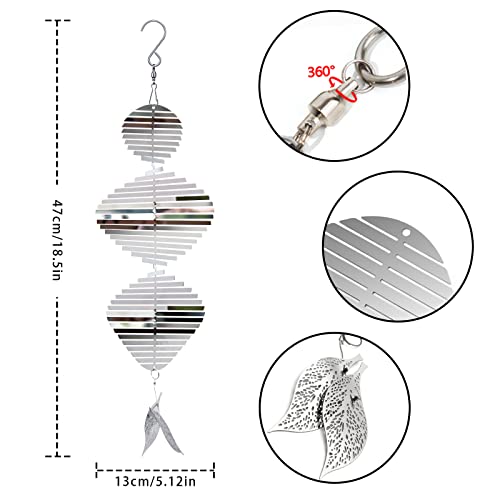 Wind Spinners, 2× 3D Helix Stainless Steel Outdoor Hanging Wind Spinner, 2× Leaf-Like Metal Pendant and 3× 360° Rotating Hooks with Wirerope, Reflective Decor for Outside Yard and Garden (2 Pack)