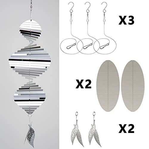 Wind Spinners, 2× 3D Helix Stainless Steel Outdoor Hanging Wind Spinner, 2× Leaf-Like Metal Pendant and 3× 360° Rotating Hooks with Wirerope, Reflective Decor for Outside Yard and Garden (2 Pack)