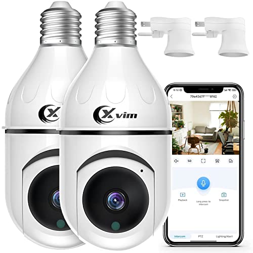 XVIM 2 Pack 3MP Light Bulb Security Camera, 2.4Ghz WiFi Wireless Home Light Bulb Camera, 360° View Lens HD Night Vision, Human Detection & Alarm, 2-Way Audio