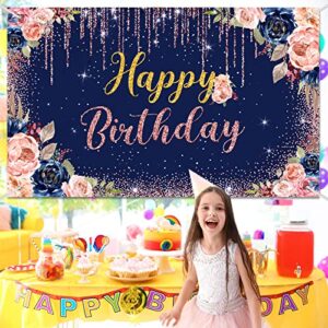 Happy Birthday Backdrop Decorations for Women Background Party Supplies Rose Backdrop Photography for Girls Boys Floral Glitters Banner Wedding Baby Shower Decor (Navy Blue)