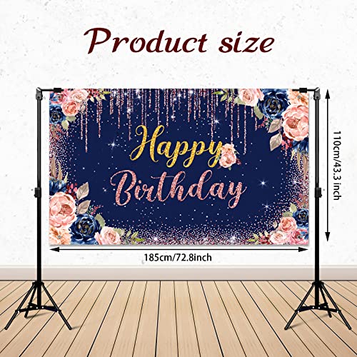 Happy Birthday Backdrop Decorations for Women Background Party Supplies Rose Backdrop Photography for Girls Boys Floral Glitters Banner Wedding Baby Shower Decor (Navy Blue)