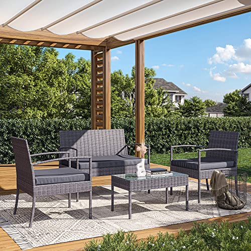 BELLEZE Patio Furniture Set, 4 Pieces Outdoor Furniture Rattan Chairs and Table Wicker Sofa Garden Conversation Bistro Sets with Cushions for Porch Yard Pool or Backyard, Gray