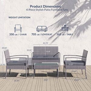 BELLEZE Patio Furniture Set, 4 Pieces Outdoor Furniture Rattan Chairs and Table Wicker Sofa Garden Conversation Bistro Sets with Cushions for Porch Yard Pool or Backyard, Gray