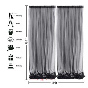 Black Sheer Backdrop Curtain for Parties, 10ft X 10ft Black Tulle Backdrop Curtain for Baby Shower Birthday Party Photo Shoot Decorations