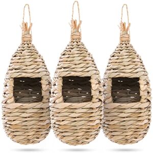 wdefun humming bird houses for outdoor hanging, natural grass bird hut,hand woven hummingbird nest,wren finch bird house for garden window outdoor home 3 pack