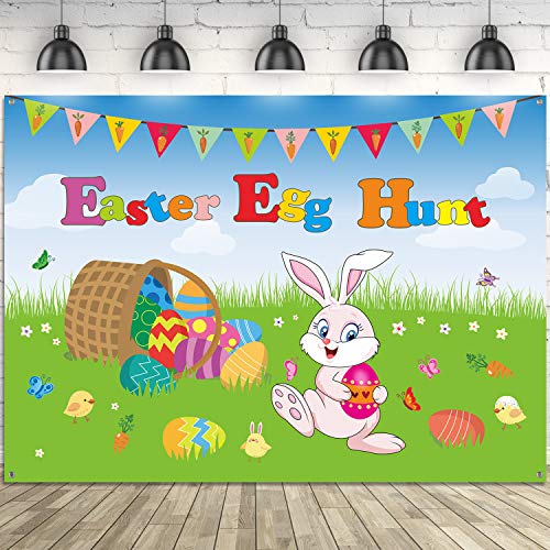 Easter Party Decorations Large Fabric Easter Egg Bunny Hunt Background Banner and Chick Sign Easter Hunt Game Banner Poster Photo Booth Backdrop with Rope for Spring Easter Party Supplies 7 x 5 ft