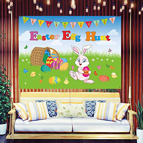 Easter Party Decorations Large Fabric Easter Egg Bunny Hunt Background Banner and Chick Sign Easter Hunt Game Banner Poster Photo Booth Backdrop with Rope for Spring Easter Party Supplies 7 x 5 ft