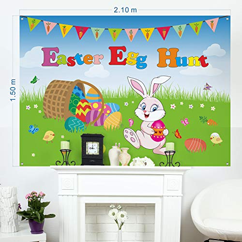 Easter Party Decorations Large Fabric Easter Egg Bunny Hunt Background Banner and Chick Sign Easter Hunt Game Banner Poster Photo Booth Backdrop with Rope for Spring Easter Party Supplies 7 x 5 ft