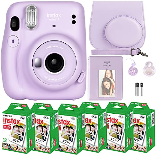 Fujifilm Instax Mini 11 Camera with Fujifilm Instant Mini Film (60 Sheets) Bundle with Deals Number One Accessories Including Carrying Case, Selfie Lens, Photo Album, Stickers (Lilac Purple)