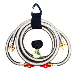 Upgraded 5FT Propane 2 Way Splitter Adapter Hose Stainless Braided Propane Y Splitter Hose 1 lb to 20 lb Converter with Shut Off Valve with Gauge Propane Hose Adapter 1lb Appliance to QCC1 5-40lb Tank