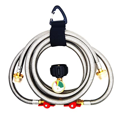 Upgraded 5FT Propane 2 Way Splitter Adapter Hose Stainless Braided Propane Y Splitter Hose 1 lb to 20 lb Converter with Shut Off Valve with Gauge Propane Hose Adapter 1lb Appliance to QCC1 5-40lb Tank