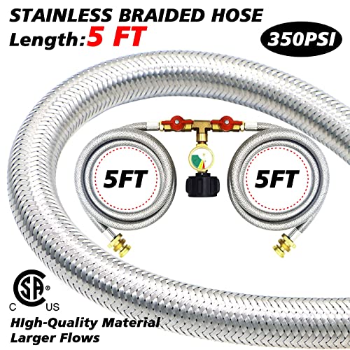 Upgraded 5FT Propane 2 Way Splitter Adapter Hose Stainless Braided Propane Y Splitter Hose 1 lb to 20 lb Converter with Shut Off Valve with Gauge Propane Hose Adapter 1lb Appliance to QCC1 5-40lb Tank