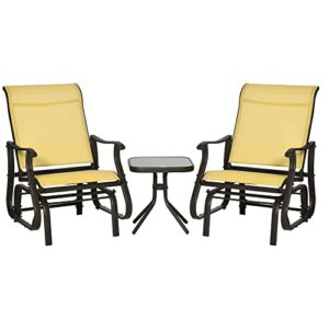 outsunny 3-piece outdoor gliders set bistro set with steel frame, tempered glass top table for patio, garden, backyard, lawn, yellow