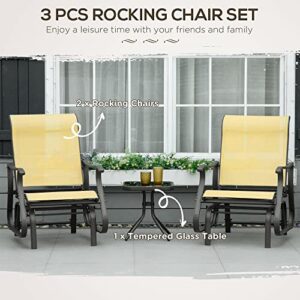 Outsunny 3-Piece Outdoor Gliders Set Bistro Set with Steel Frame, Tempered Glass Top Table for Patio, Garden, Backyard, Lawn, Yellow