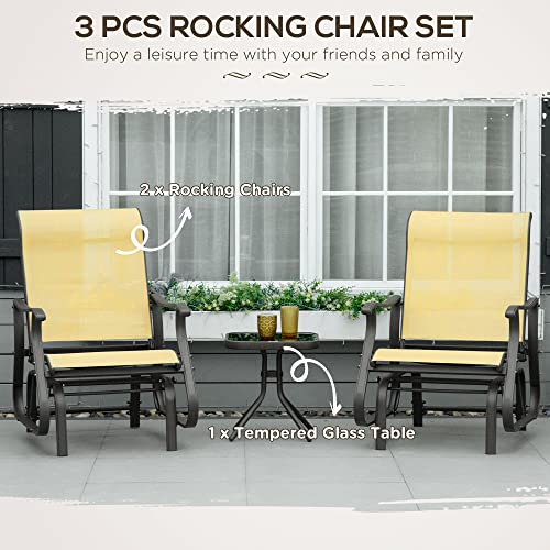 Outsunny 3-Piece Outdoor Gliders Set Bistro Set with Steel Frame, Tempered Glass Top Table for Patio, Garden, Backyard, Lawn, Yellow