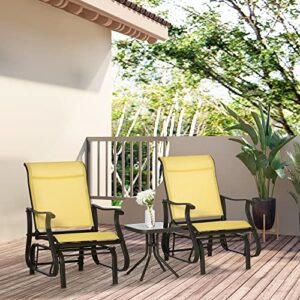 Outsunny 3-Piece Outdoor Gliders Set Bistro Set with Steel Frame, Tempered Glass Top Table for Patio, Garden, Backyard, Lawn, Yellow