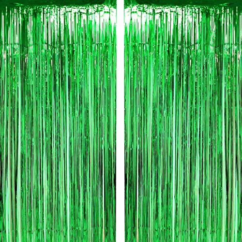 Green Tinsel Foil Fringe Curtains Tropical Jungle Safari Hawaiian Baby Shower Birthday Photo Backdrops Wedding Party Decor Photo Booth Props Backdrops Decorations