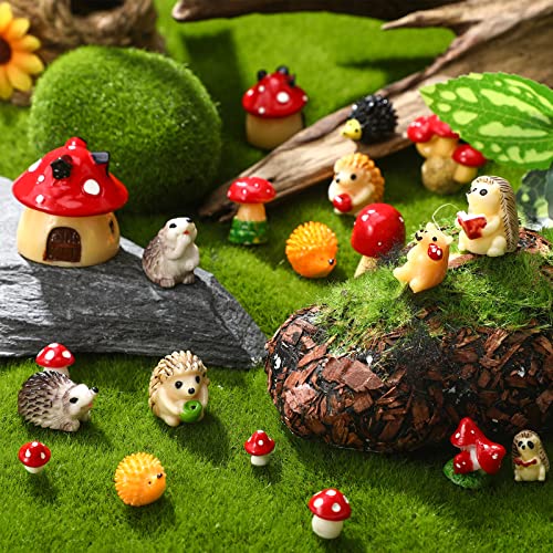 30 Pcs Resin Mini Hedgehog Mushroom Miniature Figurines Outdoor Garden Animals Figurines Fairy Garden Accessories Tiny Hedgehog Mushroom Figurines for House Terrarium Plant Pots Bonsai Craft Decor