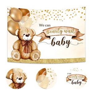 Imirell Bear Baby Shower Backdrop 7Wx5H Feet We Can Bearly Wait Cute Lovely Brown Balloons Gold Dots Polyester Fabric Boy Girl Kids Party Photography Backgrounds Photo Shoot Decor Props Decoration