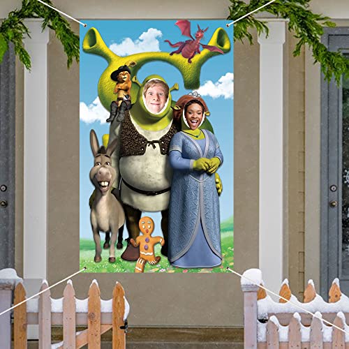 Shrek Photo Door Banner, Shrek Face Photography Fabric Banner Background for Kids Birthday Party Favor Supplies Decorations and Shrek Party Game Photo Props Backdrop Props