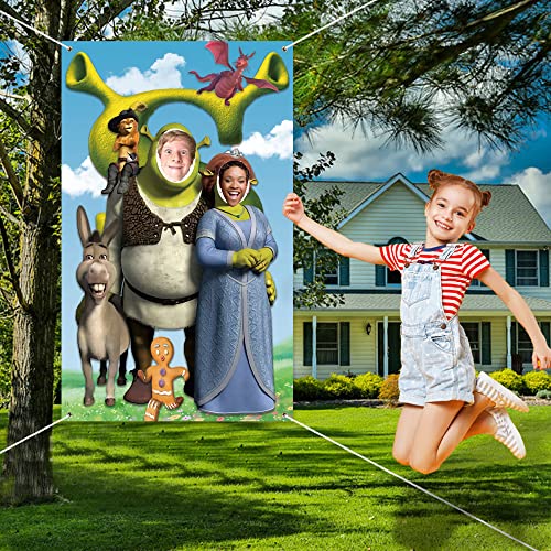 Shrek Photo Door Banner, Shrek Face Photography Fabric Banner Background for Kids Birthday Party Favor Supplies Decorations and Shrek Party Game Photo Props Backdrop Props