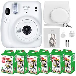 fujifilm instax mini 11 camera with fujifilm instant mini film (60 sheets) bundle with deals number one accessories including carrying case, selfie lens, photo album, stickers (ice white)