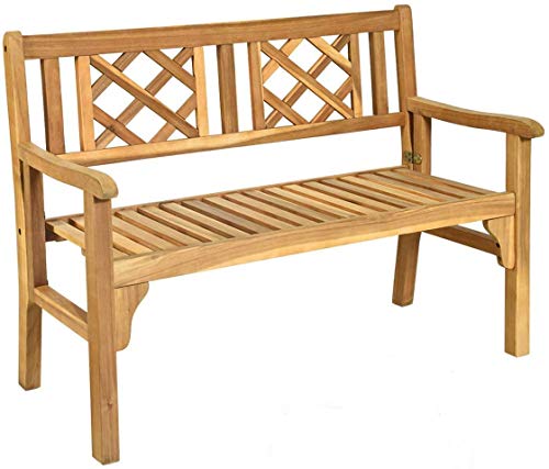 HAPPYGRILL Outdoor Patio Bench Acacia Wood Garden Bench with Backrest and Armrest, Foldable 4-Feet Two Person Loveseat Chair for Garden Lawn Balcony Backyard