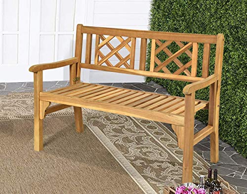 HAPPYGRILL Outdoor Patio Bench Acacia Wood Garden Bench with Backrest and Armrest, Foldable 4-Feet Two Person Loveseat Chair for Garden Lawn Balcony Backyard