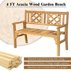 HAPPYGRILL Outdoor Patio Bench Acacia Wood Garden Bench with Backrest and Armrest, Foldable 4-Feet Two Person Loveseat Chair for Garden Lawn Balcony Backyard